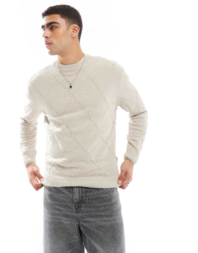 ONLY & SONS diamond structure knit sweater in beige Only & Sons