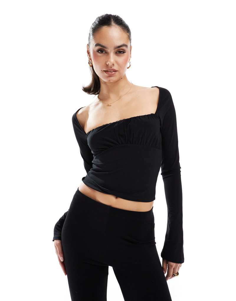 Pull&Bear ruched long sleeve mesh top in black Pull&Bear