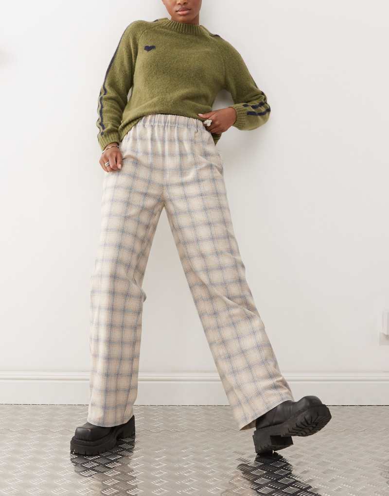 Reclaimed Vintage wide leg pull on lounge pants in neutral plaid Reclaimed Vintage