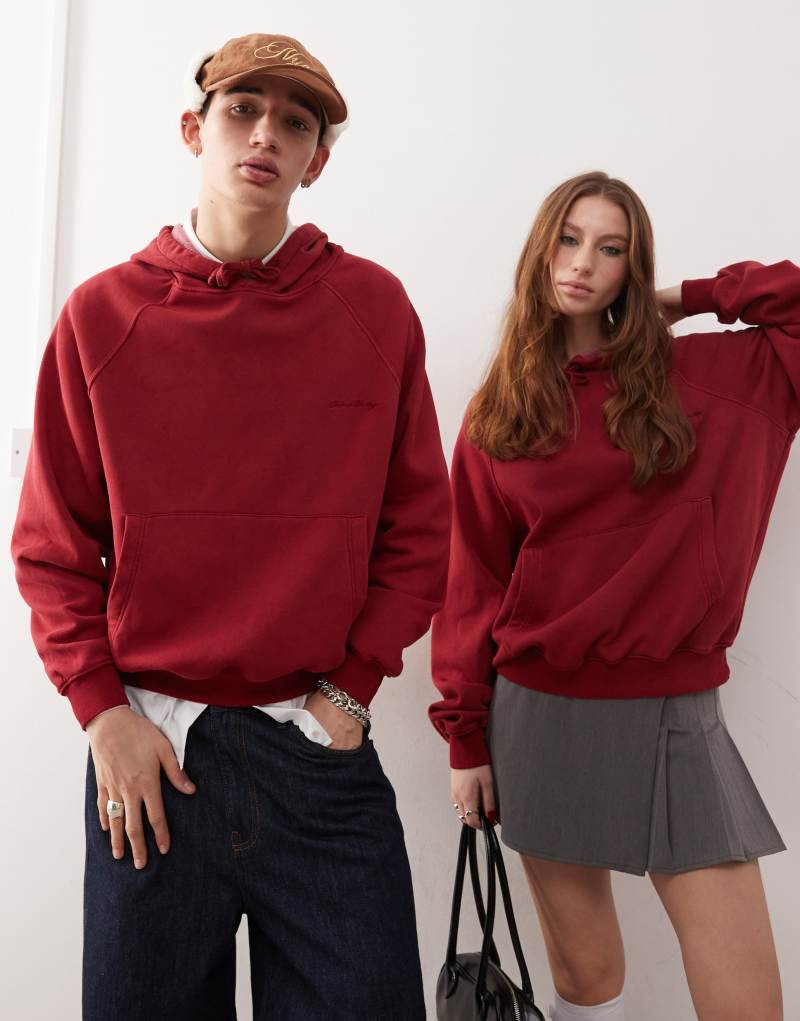 Reclaimed Vintage unisex oversized boxy cropped hoodie in burgundy  Reclaimed Vintage