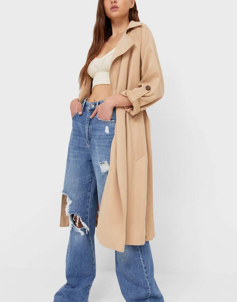 Stradivarius polyester longline trench coat in camel  - CAMEL Stradivarius