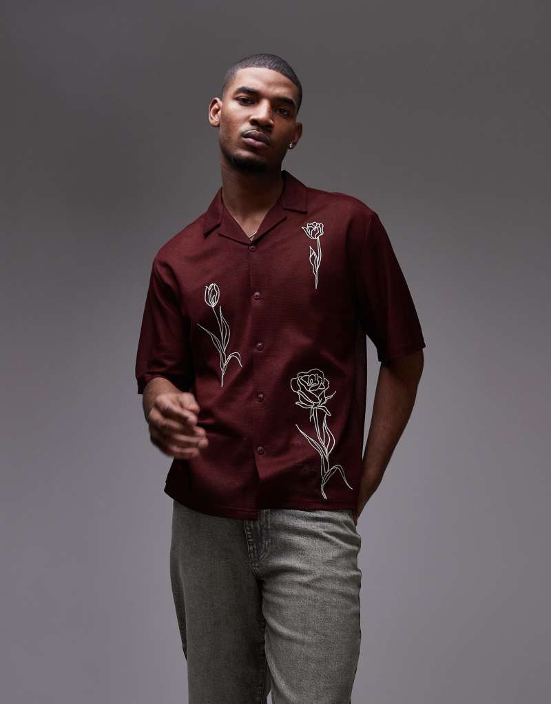 Topman floral embroidery shirt in burgundy TOPMAN