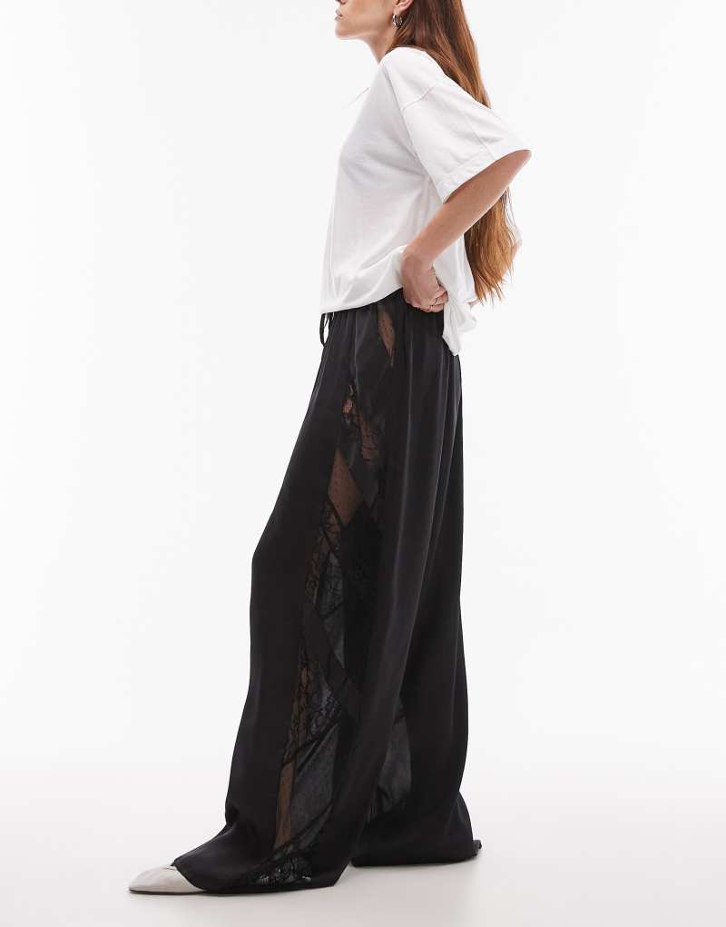 Topshop patchwork lace & crinkle satin wide leg pants in black TOPSHOP