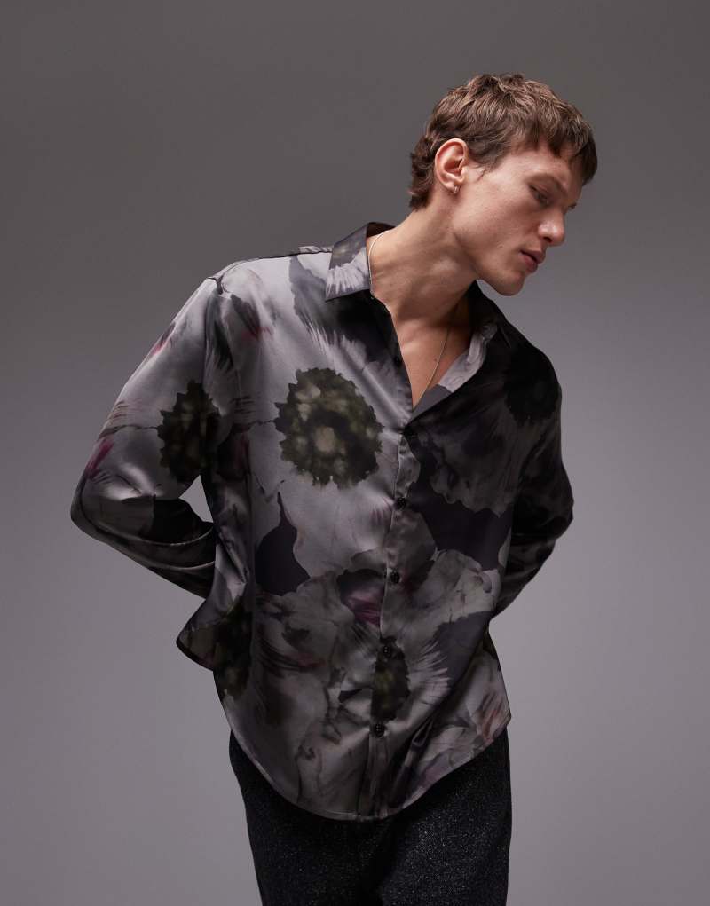 Topman long sleeve floral printed shirt in black TOPMAN