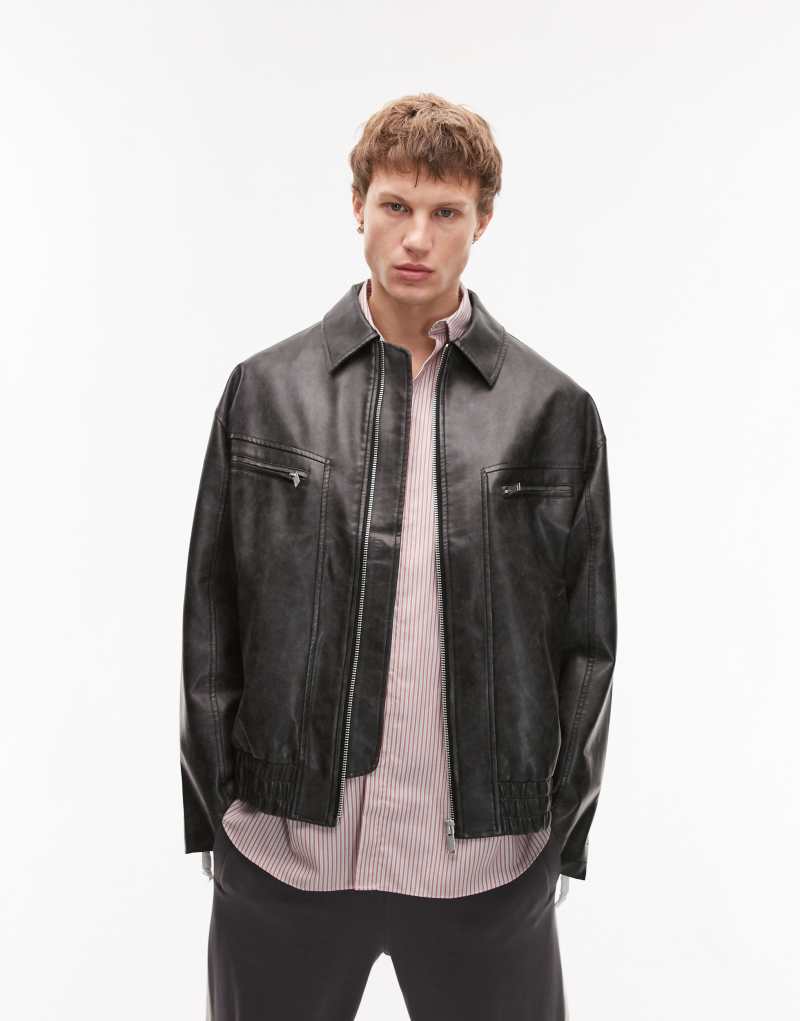 Topman faux leather bomber jacket with wash effect in black TOPMAN