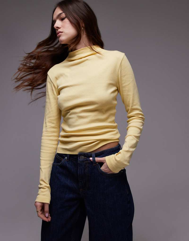 Topshop long sleeve funnel neck top in yellow TOPSHOP