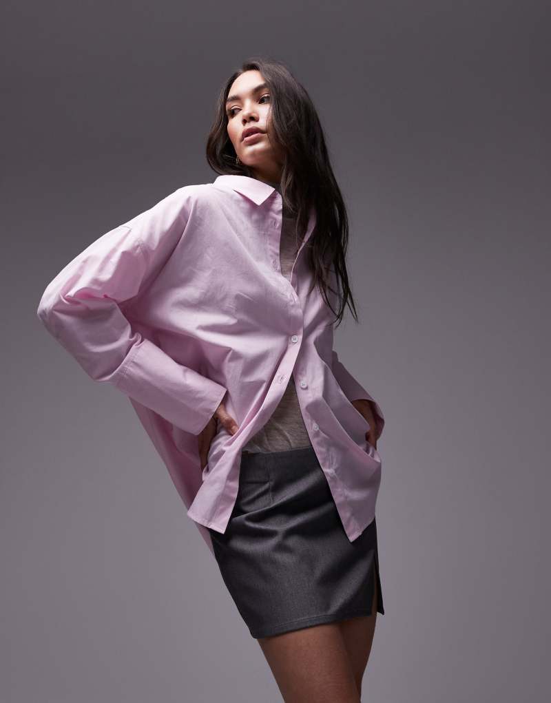 Topshop deep cuff poplin shirt in baby pink TOPSHOP