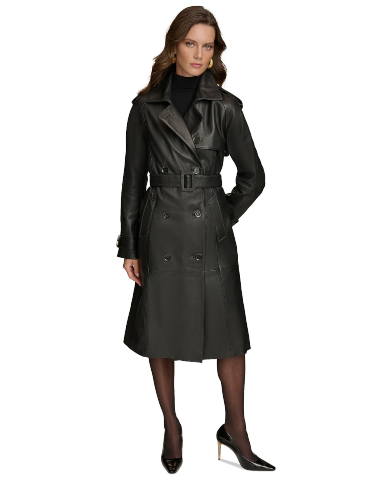 Women's Belted Leather Trench Coat Donna Karan New York