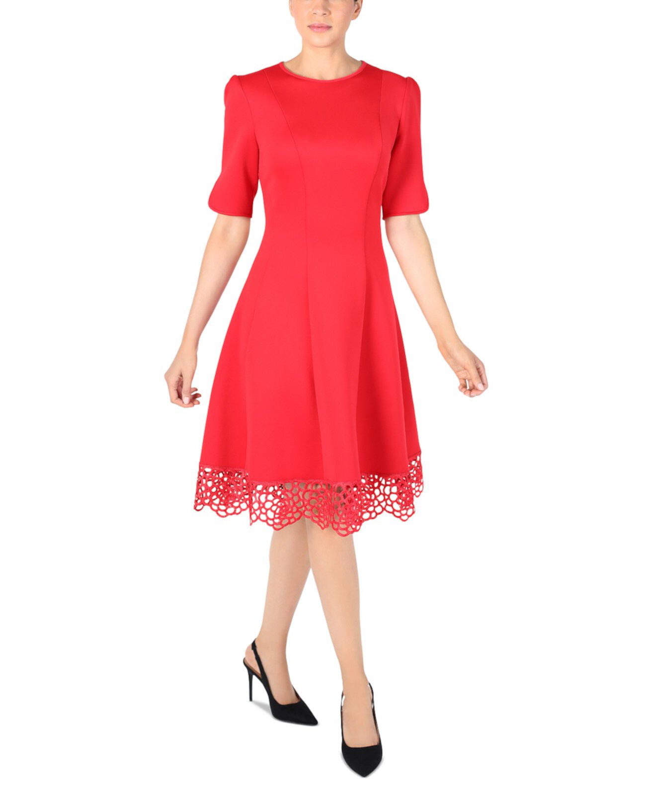 Donna Rico Women's Elbow-Sleeve Lace-Hem Knit Dress Donna Ricco