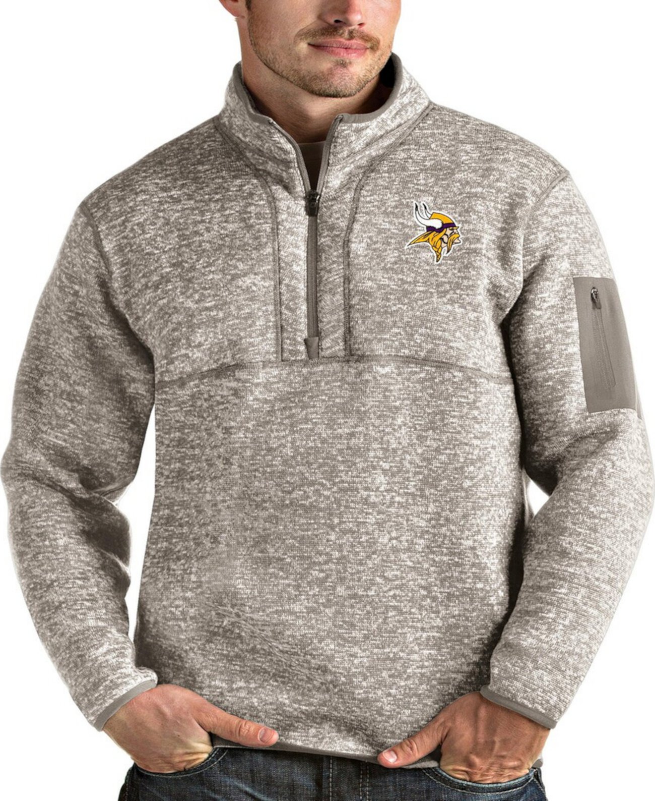 Men's Oatmeal Minnesota Vikings Fortune Quarter-Zip Pullover Jacket Antigua