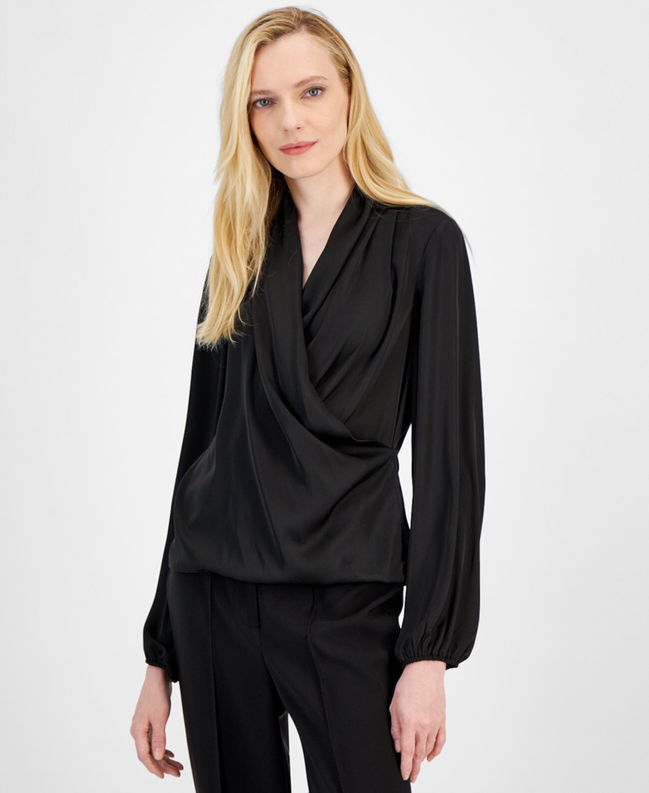 Women's Draped Surplice-Neckline Faux-Wrap Blouse T Tahari