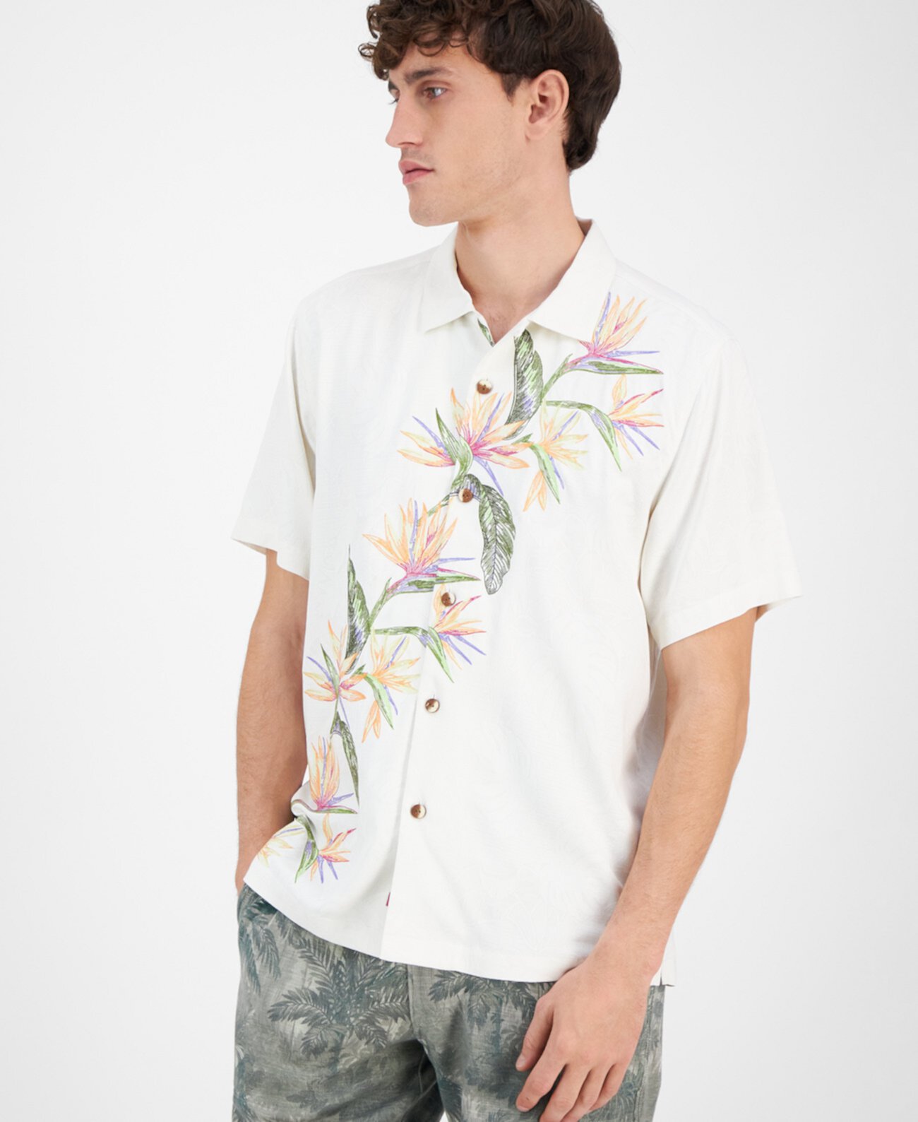 Men's Short-Sleeve Across Paradise Embroidered Leaves Silk Button-Down Shirt Tommy Bahama