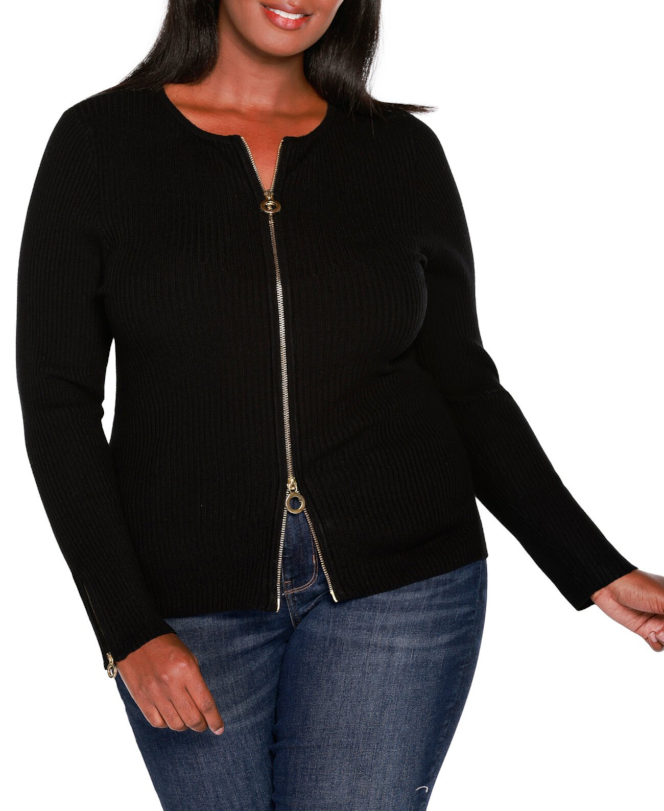 Plus Size Black Label Ribbed Double-Zip Cardigan Sweater Belldini