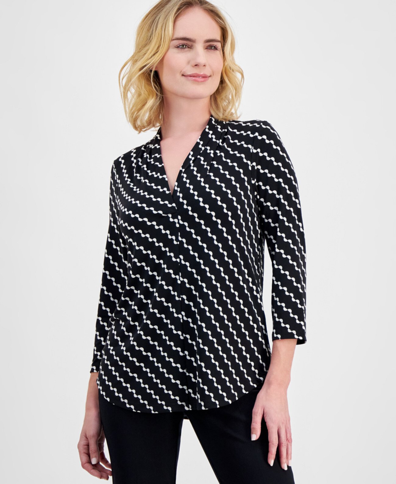 Petite Geo-Print V-Neck 3/4-Sleeve Top, Exclusively at Macy's J&M Collection