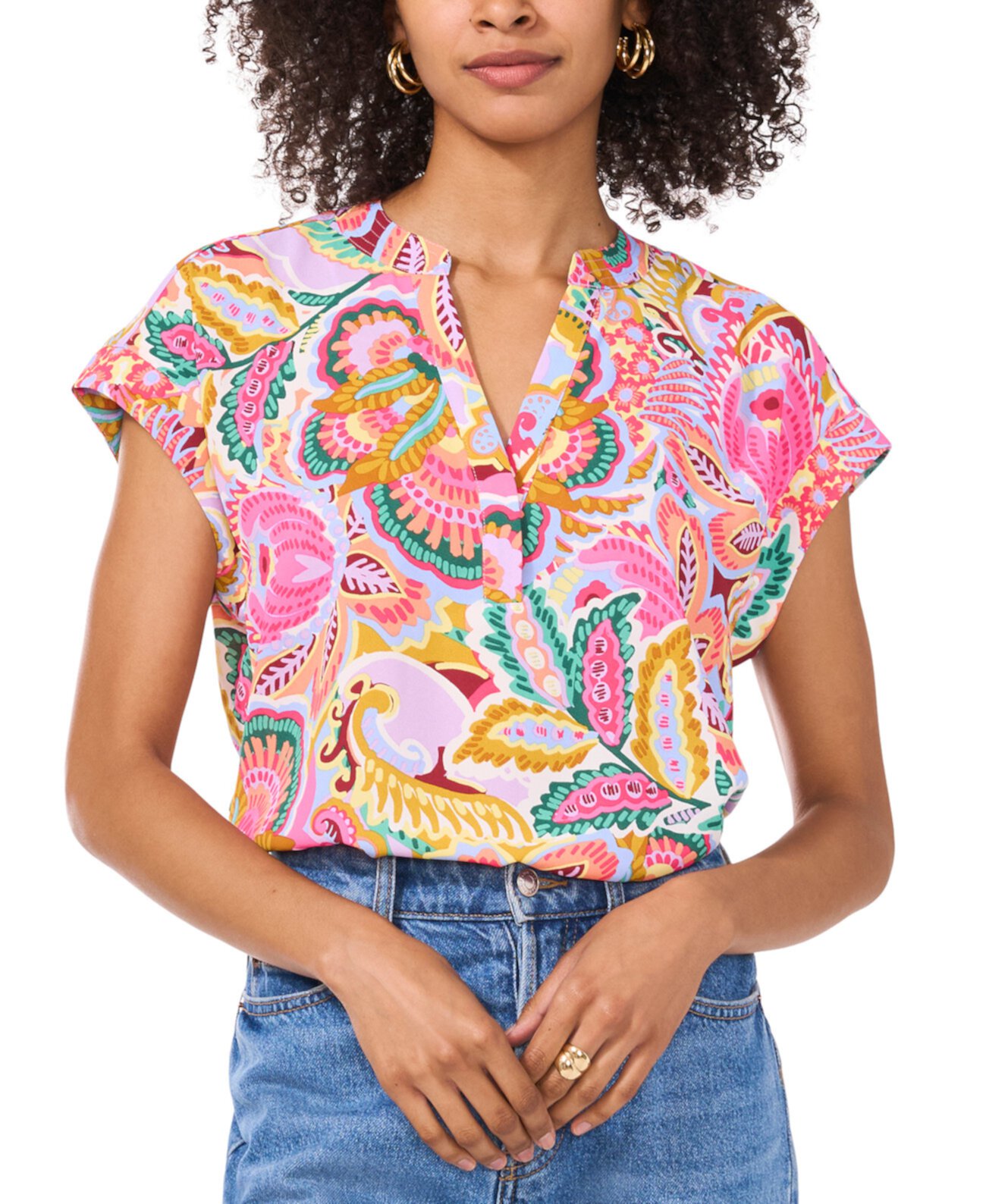 Women's Printed Split-Neck Short-Sleeve Top Vince Camuto