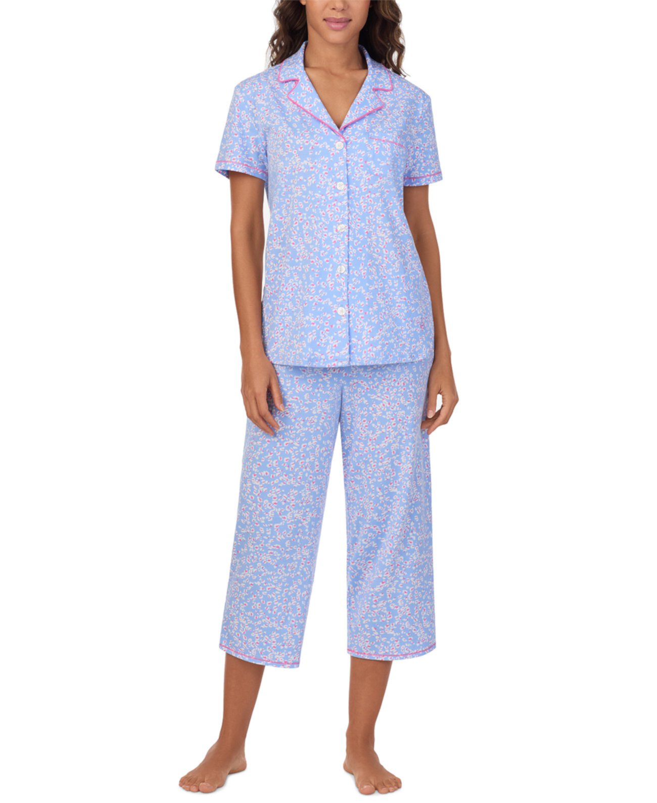 Women's Printed Collared Cropped Pajama Set Cuddl Duds