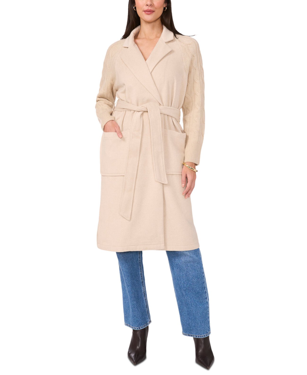 Women's Cable-Knit-Sleeve Belted Coat Vince Camuto