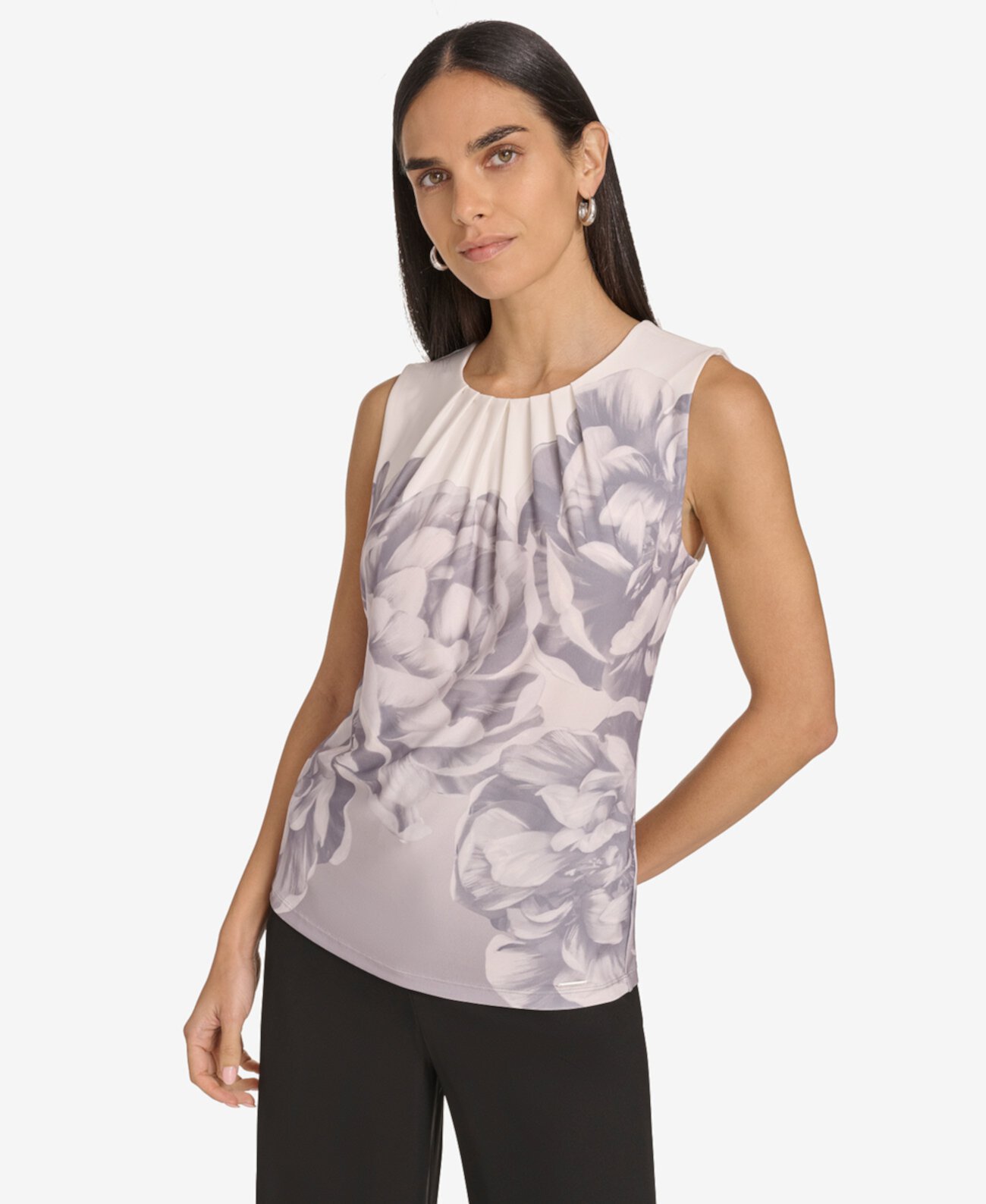 Women's Printed Pleated-Neck Sleeveless Top Calvin Klein