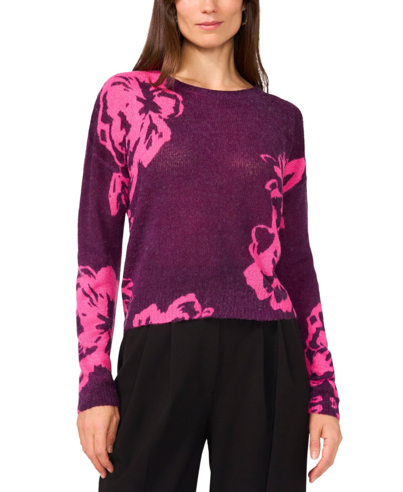 Women's Floral Crewneck Long-Sleeve Sweater Vince Camuto