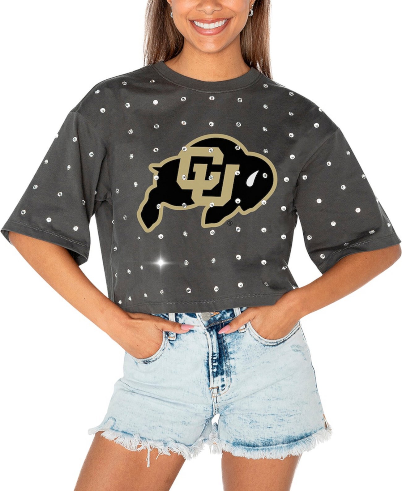 Женская серая хлопковая футболка с коротким рукавом и стразами Colorado Buffaloes Go Time Gameday Couture