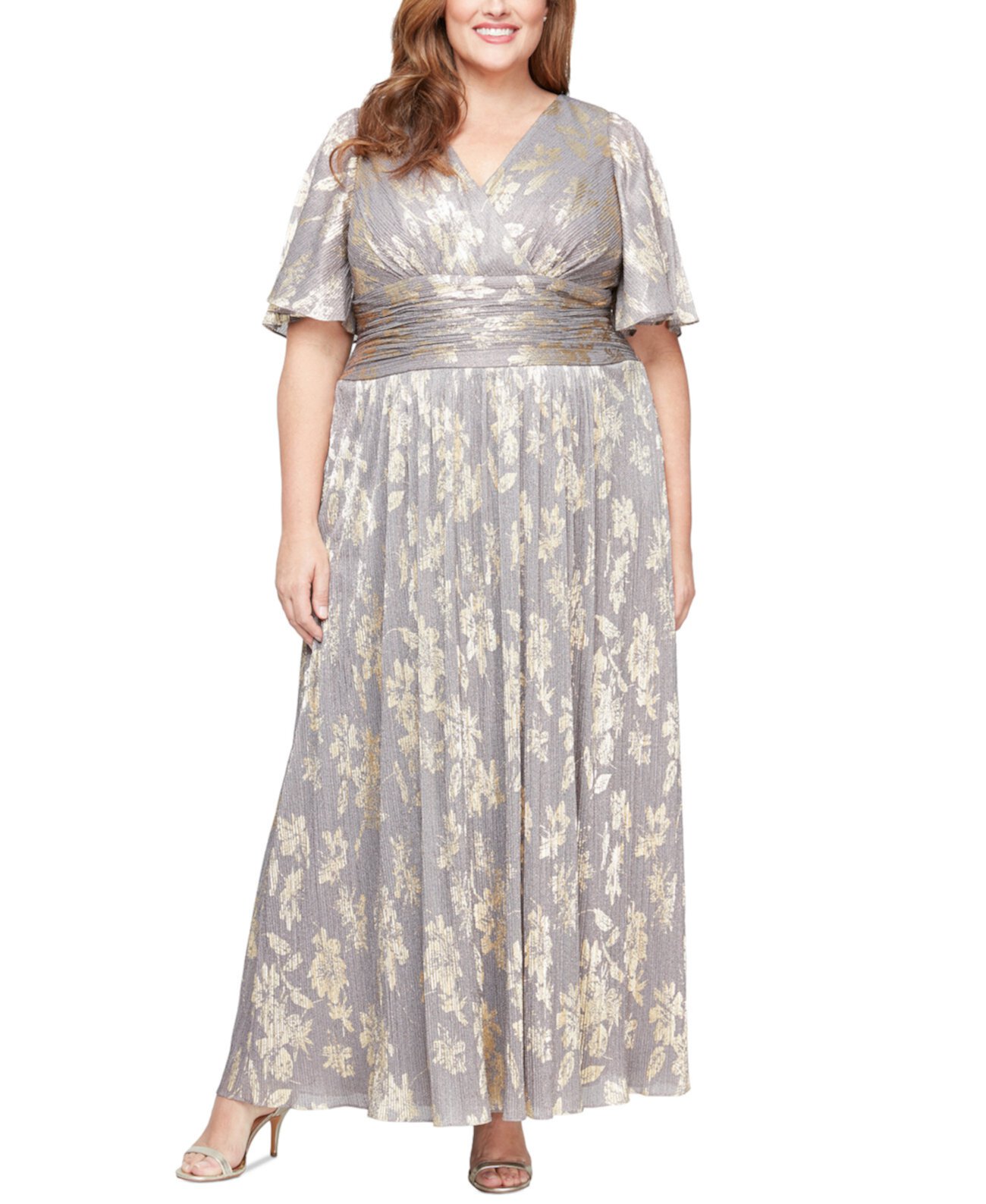 Plus Size V-Neck Metallic Fit & Flare Gown SL Fashions