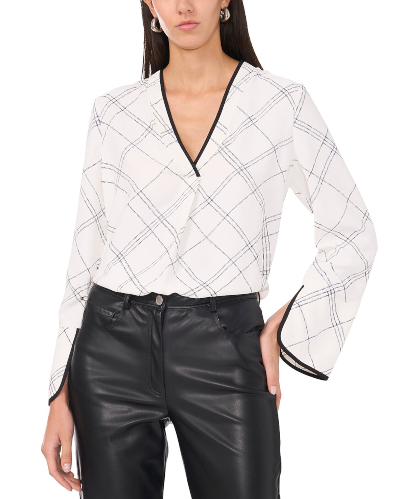 Women's Windowpane-Print V-Neck Top Vince Camuto