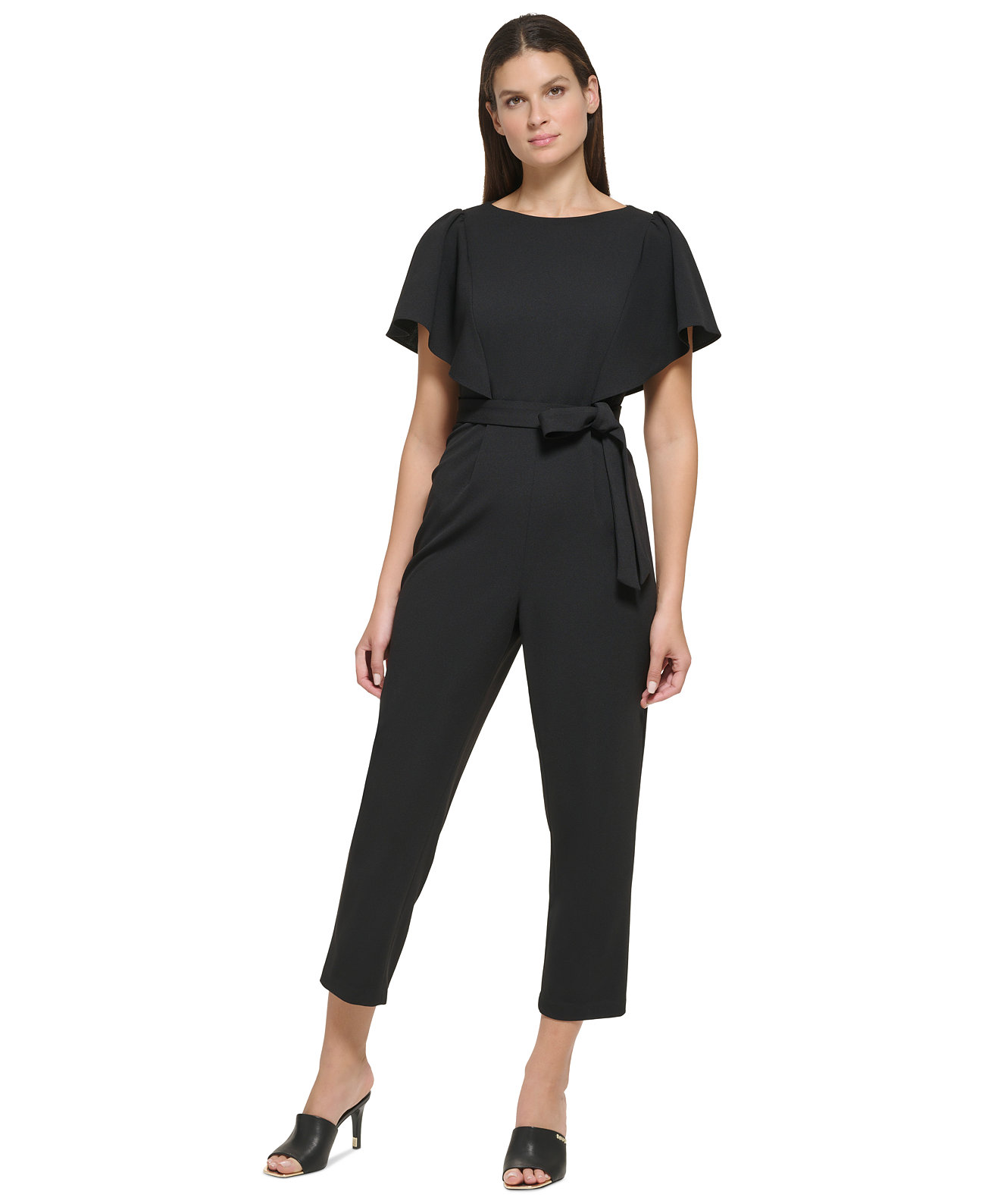 Women's Cropped Flutter-Sleeve Belted Jumpsuit DKNY