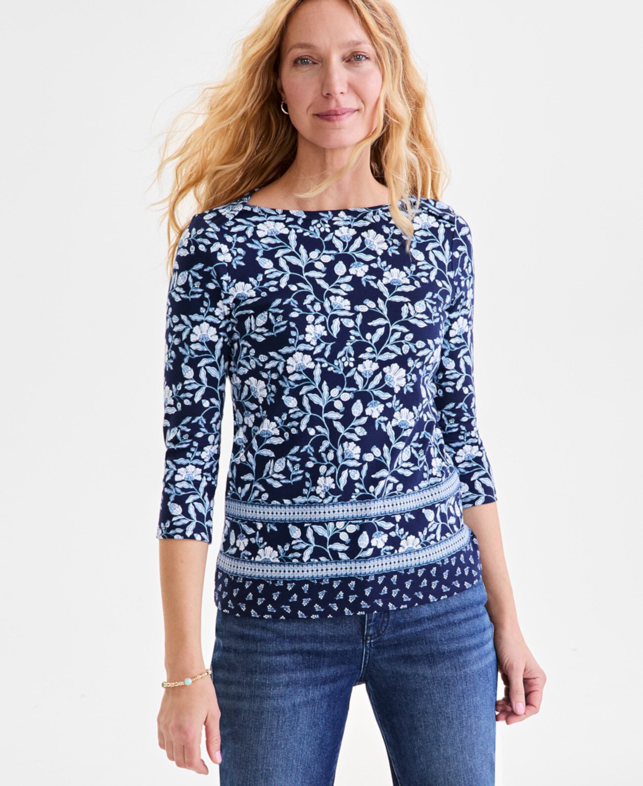 Petite Gram Floral Cotton Round-Neck Top, Exclusively at Macy's Style & Co