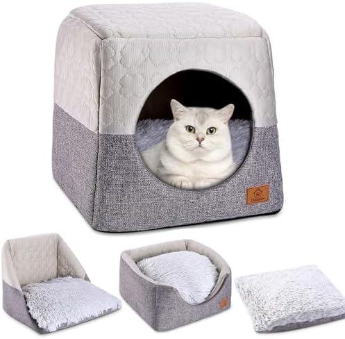 Ownpets Cat Bed for Indoor Cats, 3-in-1 Foldable Cat Cave Bed Cat Houses with Removable Washable Cushion Soft and Self Warming Cat Tent for Small Pets & Small Dogs(Grey) Ownpets