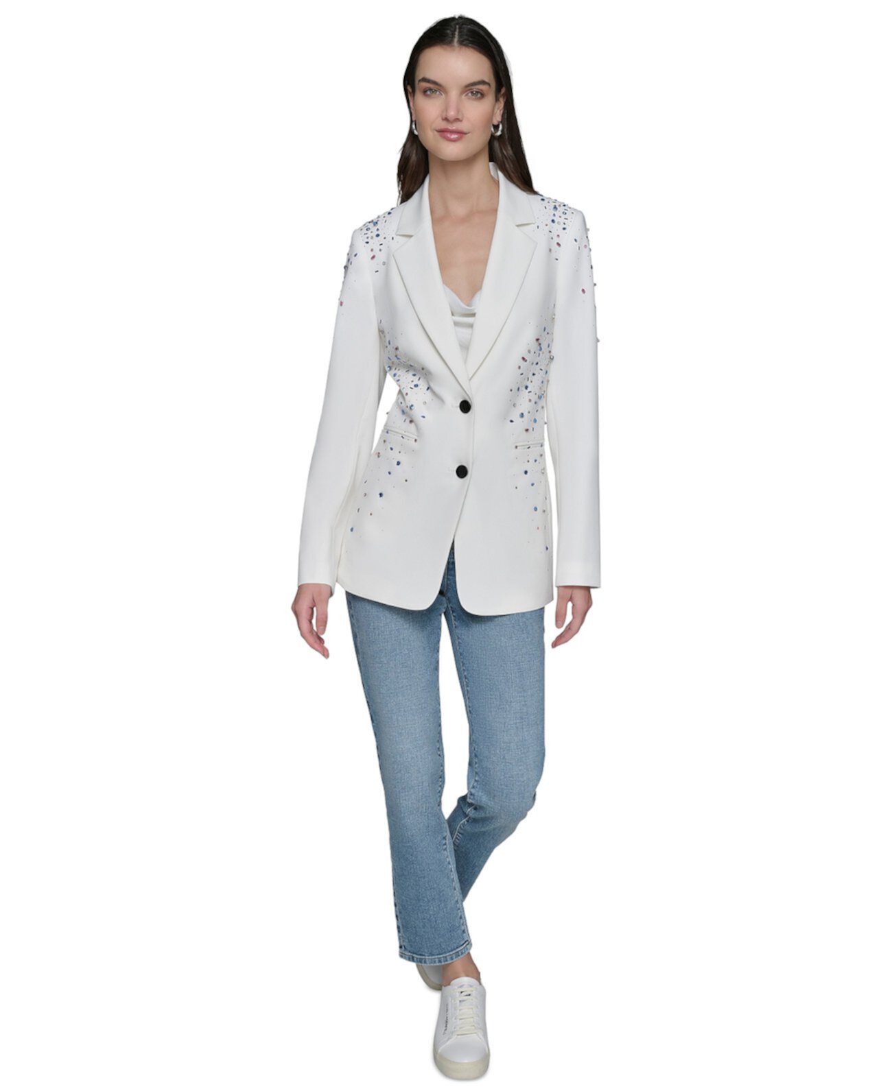 Petite Embellished One-Button Blazer Karl Lagerfeld Paris