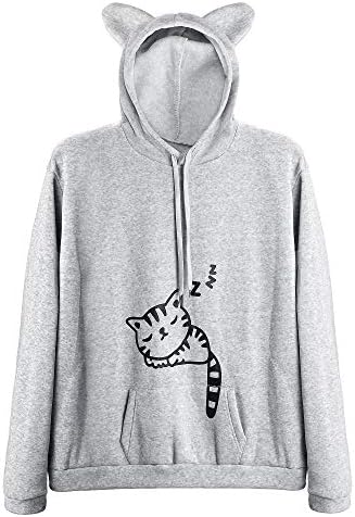 RGOSME Women Teen Girls Cat Hoodie Sweatshirt Cute Cat Ear Sleeping Cat Printed Pullover Sweatshirt RGOSME