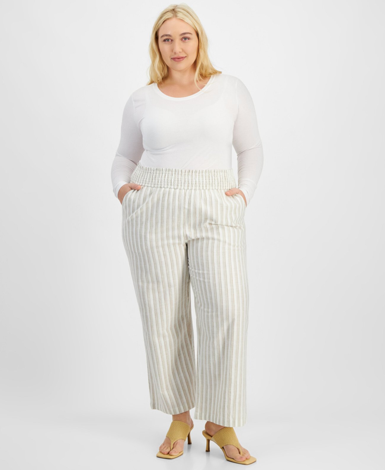 Trendy Plus Size Linen-Blend Striped Pants, Exclusively at Macy's And Now This