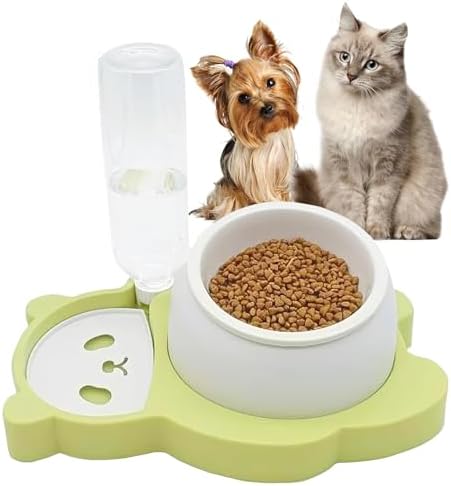 kathson Elevated Double Dog Cat Bowl Water and Food Bowl Set Tilted Raised Ceramic Cat Basin with No-Spill Automatic Water Dispenser Bottle 5 in 1 Function Bowl for Cats and Small Dogs (Green) Kathson