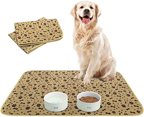 BINGPET Waterproof Dog Food Mat Non-Slip 2 Pcs,35.4" X 23.6" Anti-Slipextra Large Dog Food Mat for 2 Pack Dog Bowls,Absorbent Pet Feeding Mats Washable Pee Pads for Puppies Cats,Bone & Paw Pattern Bingpet