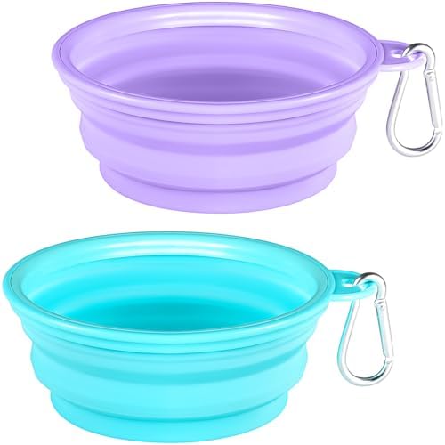 KXK Collapsoble Dog Bowls for Travel, 2-Pack Dog Protable Water Bowl for Dogs Cats Pet Foldable Feeding Watering for Pets Walking Parking Camping (Purple & Green) Kxk