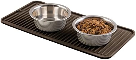 mDesign Premium Quality Square Pet Food and Water Bowl Feeding Mat for Dogs and Cats, Waterproof Non-Slip Durable Silicone Placemat - Food Safe - Small, Linelle Collection - Espresso Brown MDesign