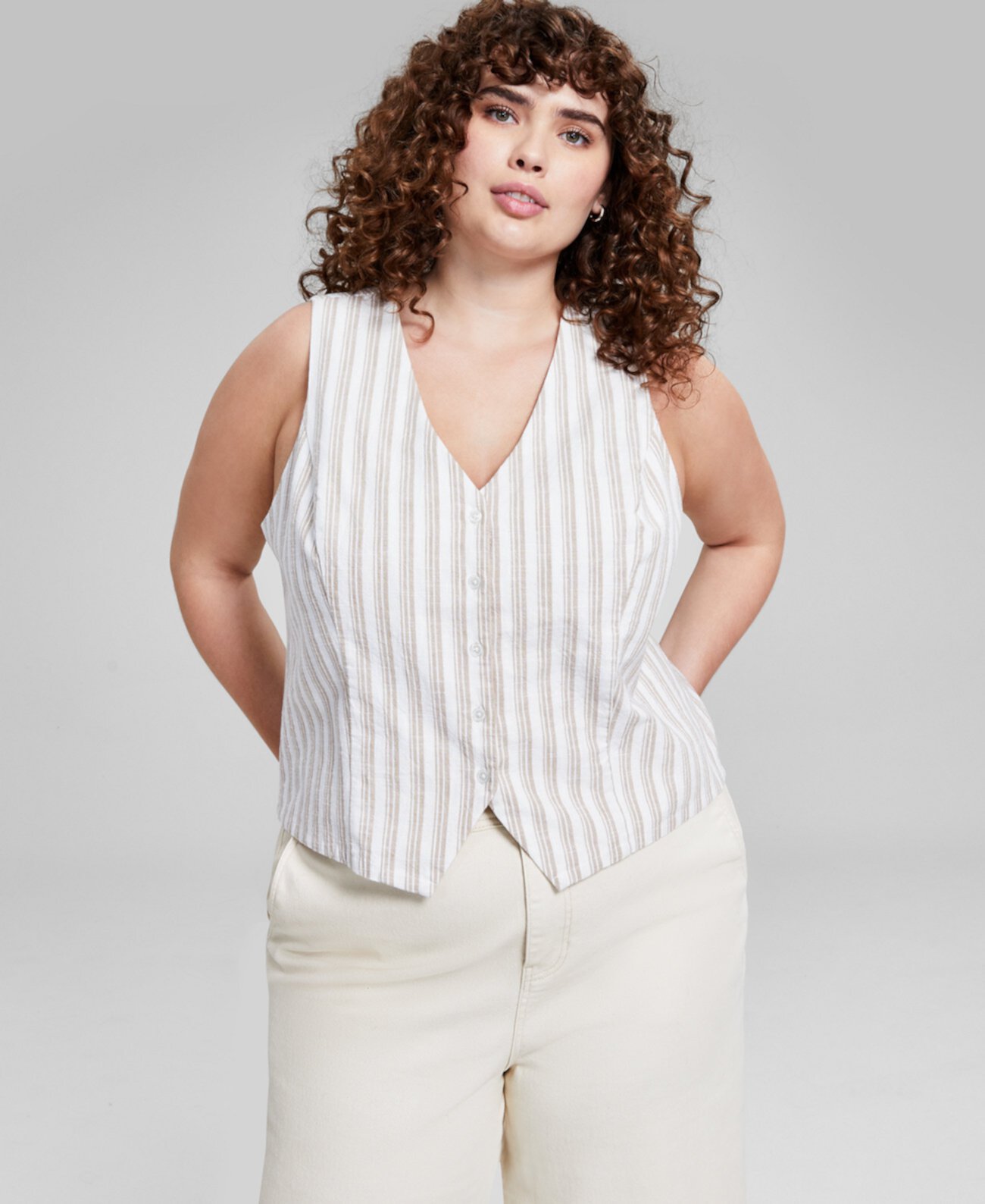 Trendy Plus Size Linen-Blend Striped Vest, Exclusively at Macy's And Now This