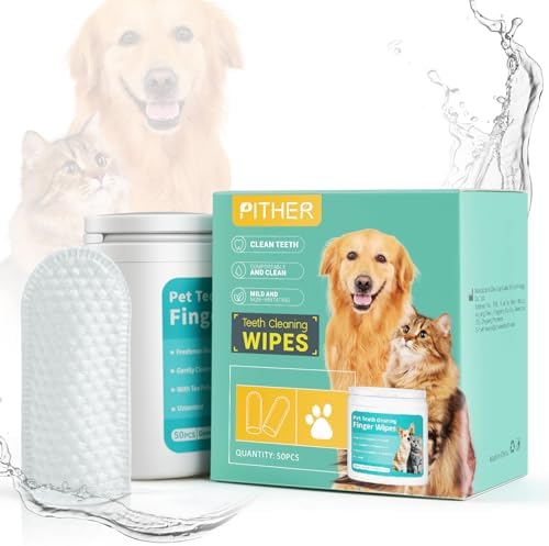 PITHER Dog Teeth Cleaning Wipes, 50 Counts Pet Teeth Dental Wipes for Dogs & Cats Gentle Non-Irritating Soft Tooth Brushing Kit Removing Plaque & Tartar Buildup Freshen Bad Breath Pither