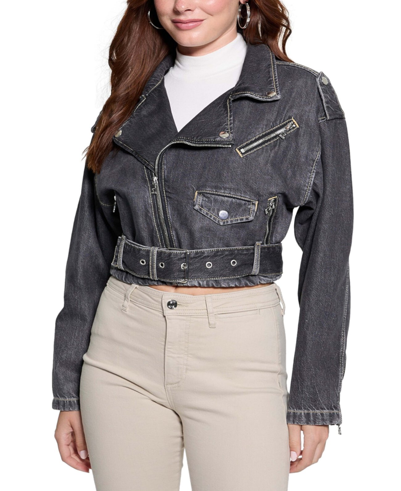 Women's Cropped Belted-Hem Denim Moto Sandy Jacket GUESS