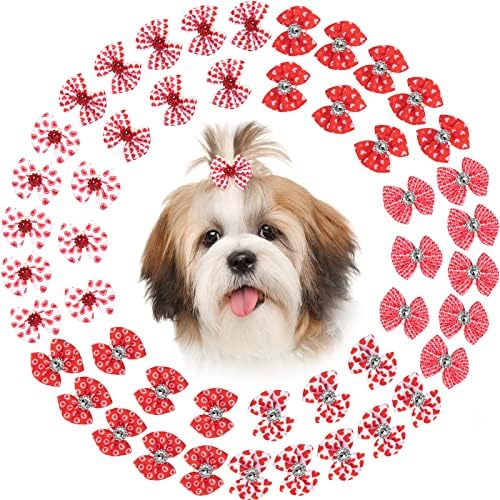 Weewooday 48Pcs Valentine's Day Small Dog Hair Bows with Rubber Band and Rhinestone Dog Hair Bows Girl Puppy Hair Bowknot Grooming Topknot Dog Hair Accessories, 6 Styles Weewooday