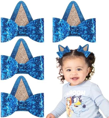 2 Pairs Blue Dog Ears and Orange Dog Ear Hair Bow Clips for Toddler Kids Adult Glitter Bows Halloween Costume Animal Cosplay Hair Accessories Birthday Party Supplies (Blue) NCMAMA