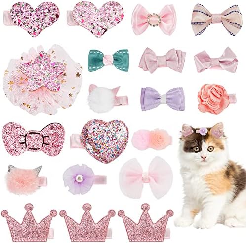 WEBEEDY 20 Pcs Mixed Styles Small Dog Pink Hair Clips Cat Puppy Pet Hair Bows Hair Barrettes Crown Hairpin Party Birthday Grooming Christmas Hair Accessory Decor Gift WEBEEDY