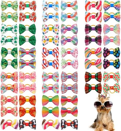 YAKA 60PCS (30 Paris) Cute Puppy Dog Small Bowknot Hair Bows with Rubber Bands Handmade Hair Accessories Bow Pet Grooming Products (60 Pcs,Cute Patterns) (Rubber Bands Style3) YAKA