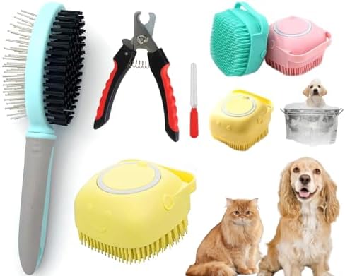 Dog Grooming Kit, 2PCS Dog Bath Brush Scrubbers, 1 Double Sided Soft Bristle and Pin Brush, 1 Professional Nail Clipper and Trimmer For Large & Mediam Dog,Cat,and Rabbit. Generic