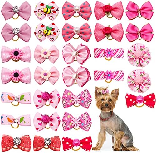 30PCS/15PAIRS Black Dog Hair Bows with Rubber Bands Puppy Hair Bowknot Top Knot Elastic for Girl Female Doggy Cat Rabbit Poodle Pet Animal Grooming Accessories Attachment JpGdn