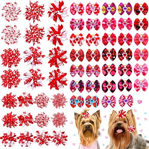 60pcs Bulk Valentine's Puppy Dog Hair Bows Combination Dog Bows with Rubber Bands Love Lips Printed Red Rose Pink Dog Accessories Masue Pets