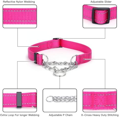 Martingale Dog Collar with Stainless Steel Chain, Martingale Collar with Reflective, Adjustable for Medium Large Dogs (S, Black) Pimaodog