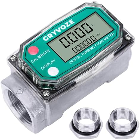 1 Inch Digital Turbine Fuel Flow Meter, 2.6-26 GPM Inline NPT Thread Flowmeter with 3/4 in Adapters for Water, Diesel, Gas Oil, Gasoline, and Other Liquids - Supports Gallon, QTS, PTS, L, m³ Gryvoze