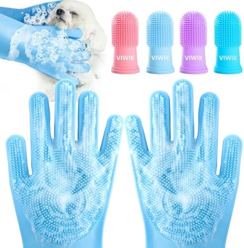 VIWIK Dog Bath Gloves with 4Pack Dog Toothbrush, Dog Grooming Kit, Dog Finger Toothbrush for Small Breed, Medium Large Dogs, Silicone Dog Washing Gloves with High-Density Teeth, Pet Grooming Gloves VIWIK