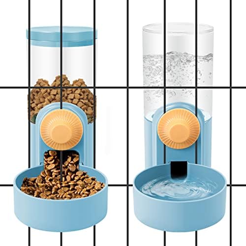 Hanging Cage Automatic Small Pet Food Bowl Water Bottle Dispenser, Auto Gravity 1.2L Feeder and 1L Waterer Set Kennel Feeder and Water Dispenser for Puppy Cats Rabbit Ferret (Grey Blue) Yummy Sam